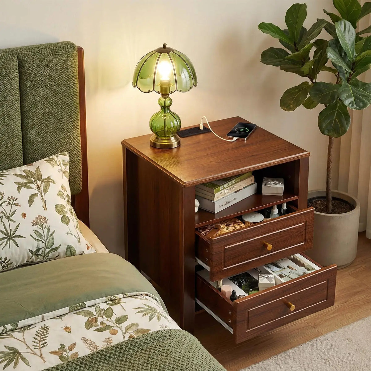 Modern Wooden Nightstand With Charging Station Open Shelf