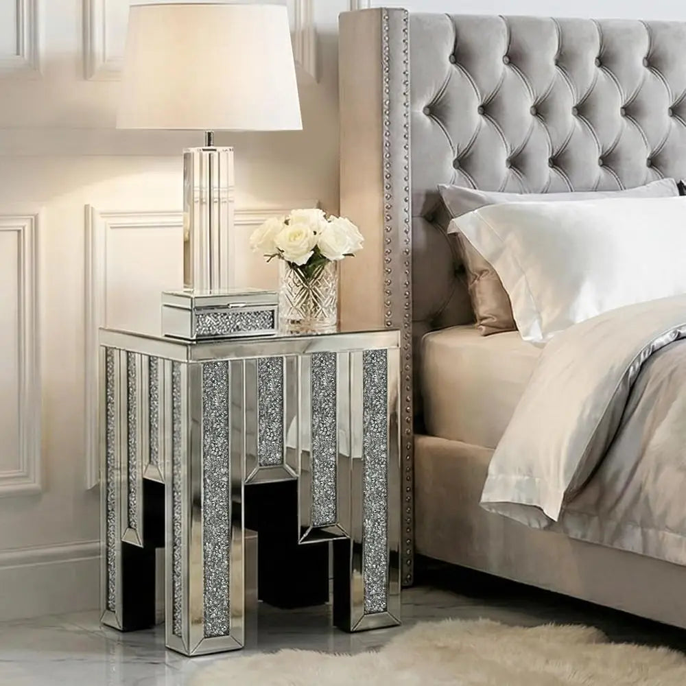 Crushed Diamond Mirrored Side Table With Crystal Inlay