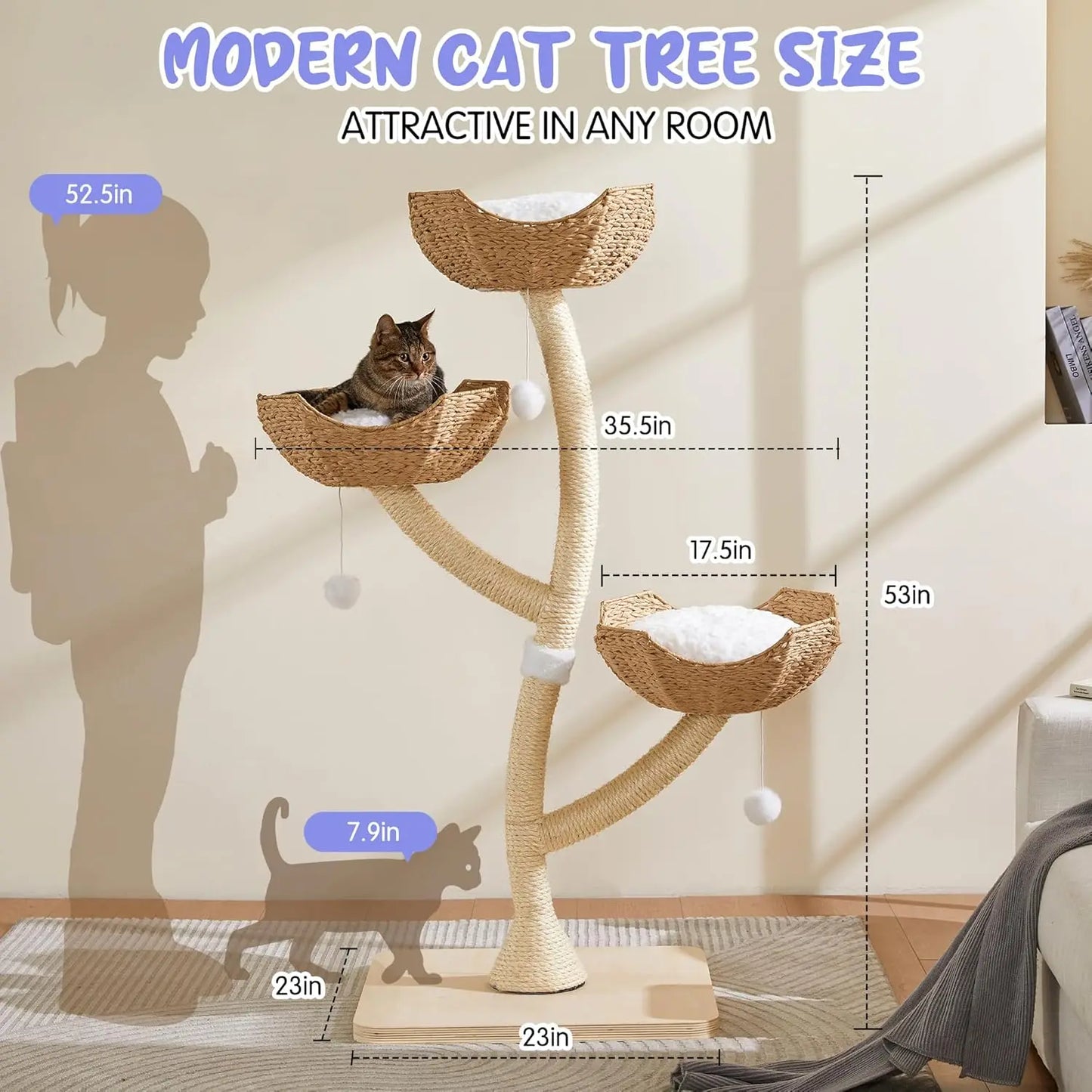Modern 53 Inch Cat Tree Scratching Tower Multi-Level Condo for Small and Large Cats