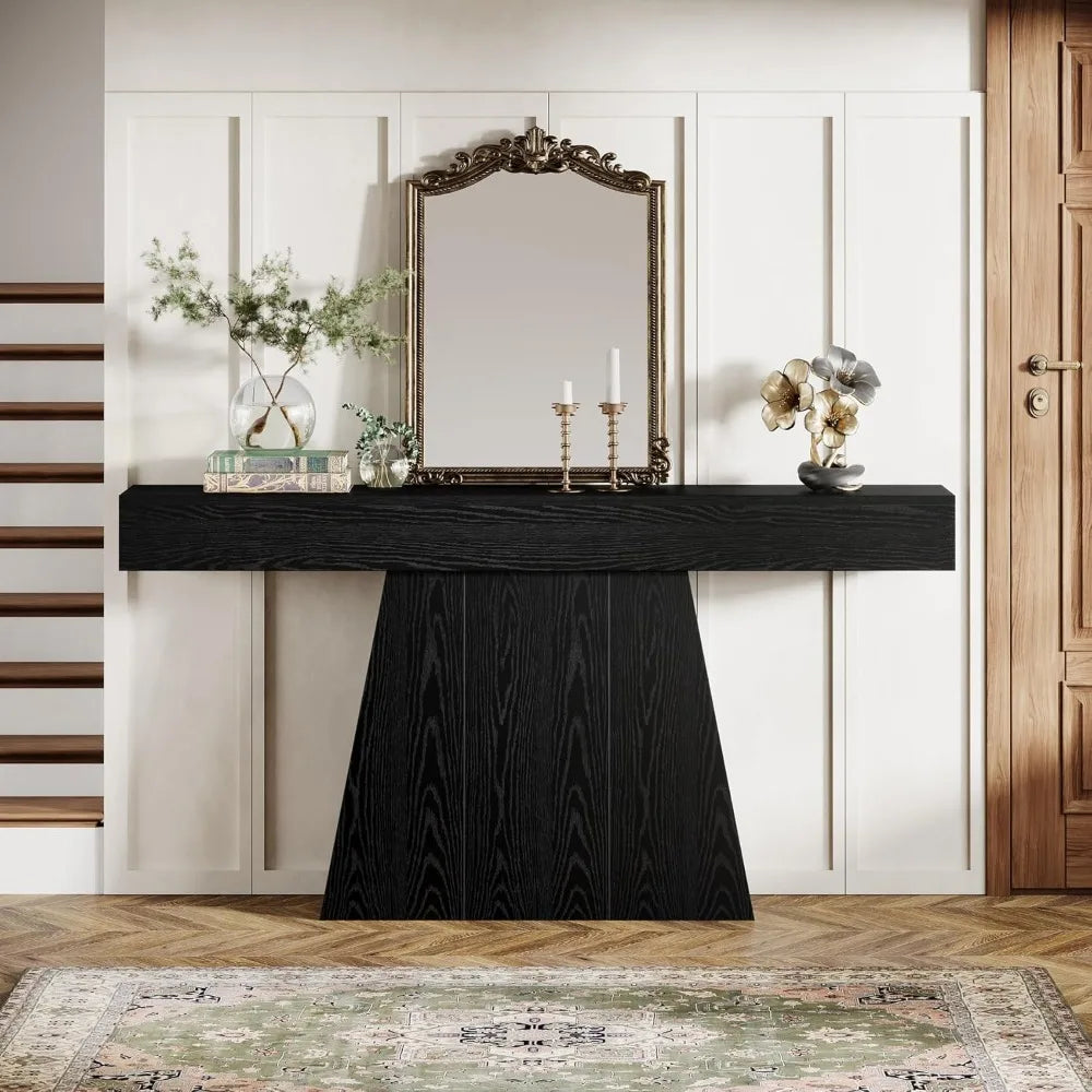 63 Inch Black Farmhouse Console Table with Trapezoidal Base for Entryway