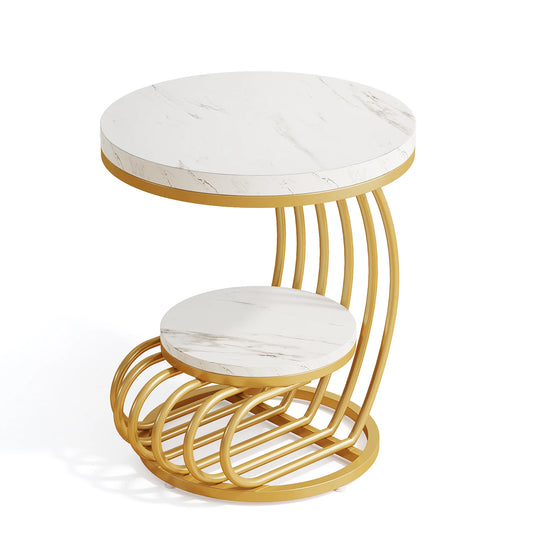 Tribesigns Gold Round End Table with Faux Marble and Storage Shelf
