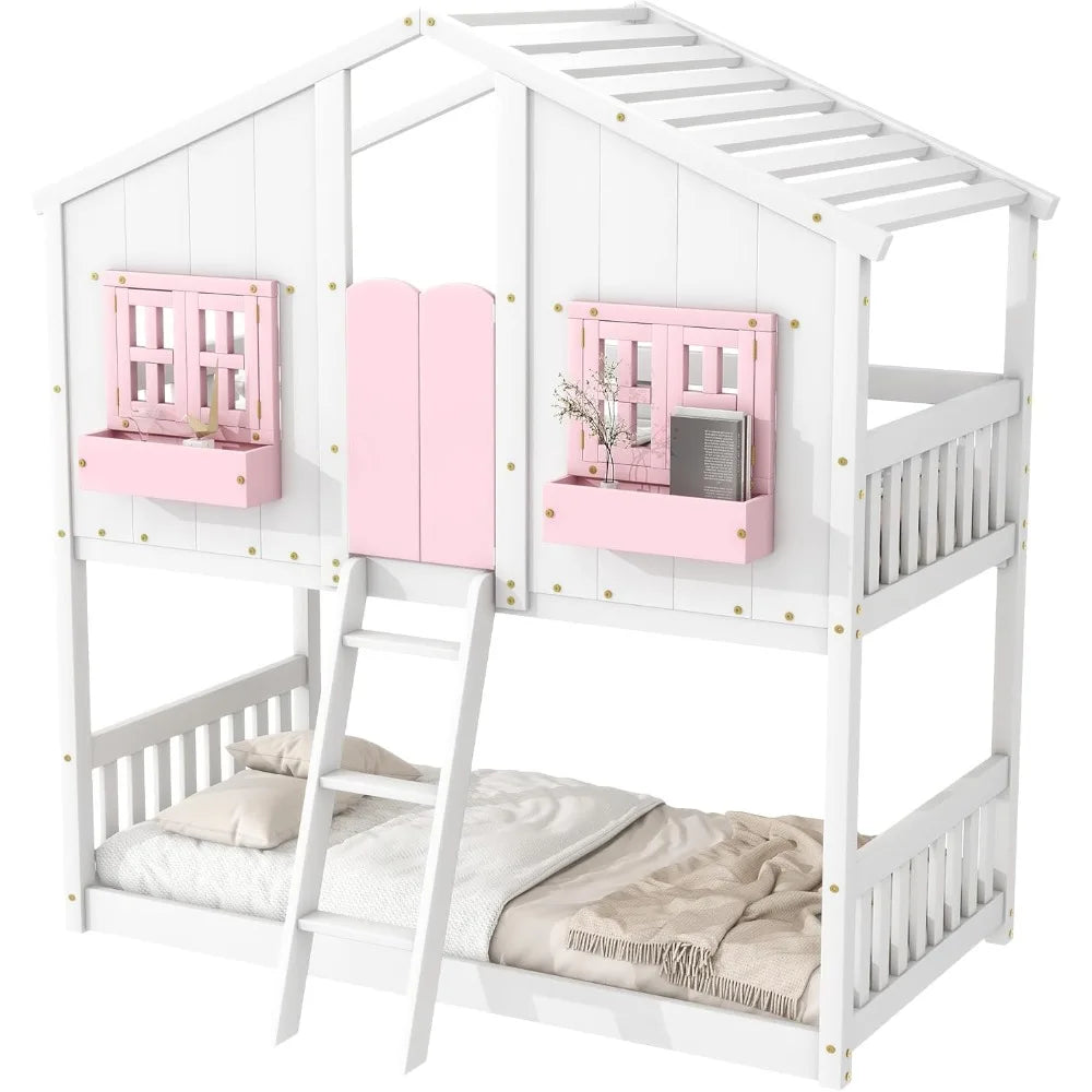 Pine Floor House Bunk Bed With Roof Window Storage