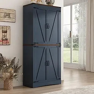 71 Inch Tall Farmhouse Pantry Cabinet with Adjustable Shelves and Steel Pipe
