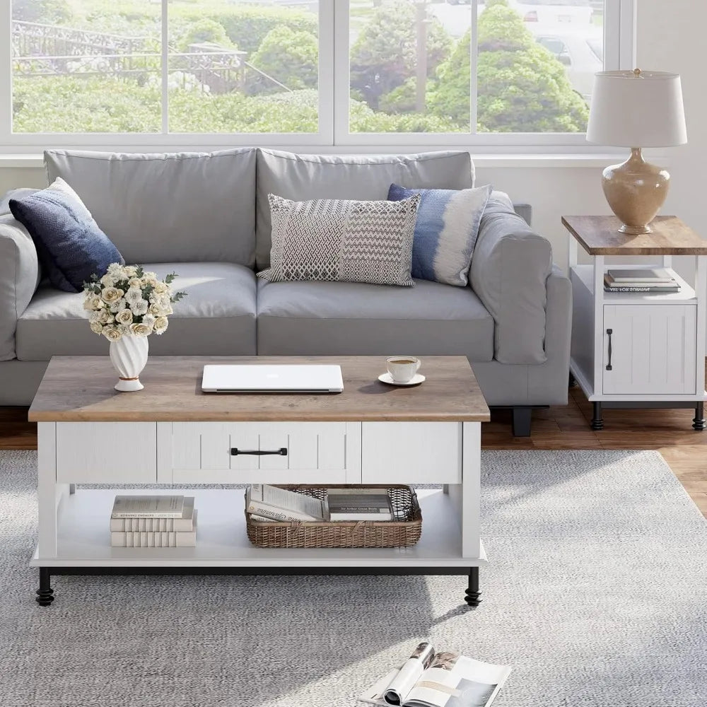 Farmhouse Coffee Table with Yellow LED Lights and Storage for Living Room