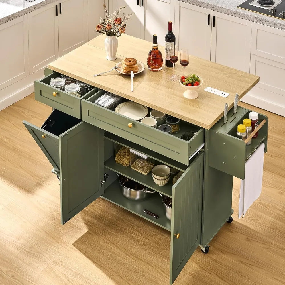 Kitchen Island Storage Rolling Cart Power Outlet Spice Rack