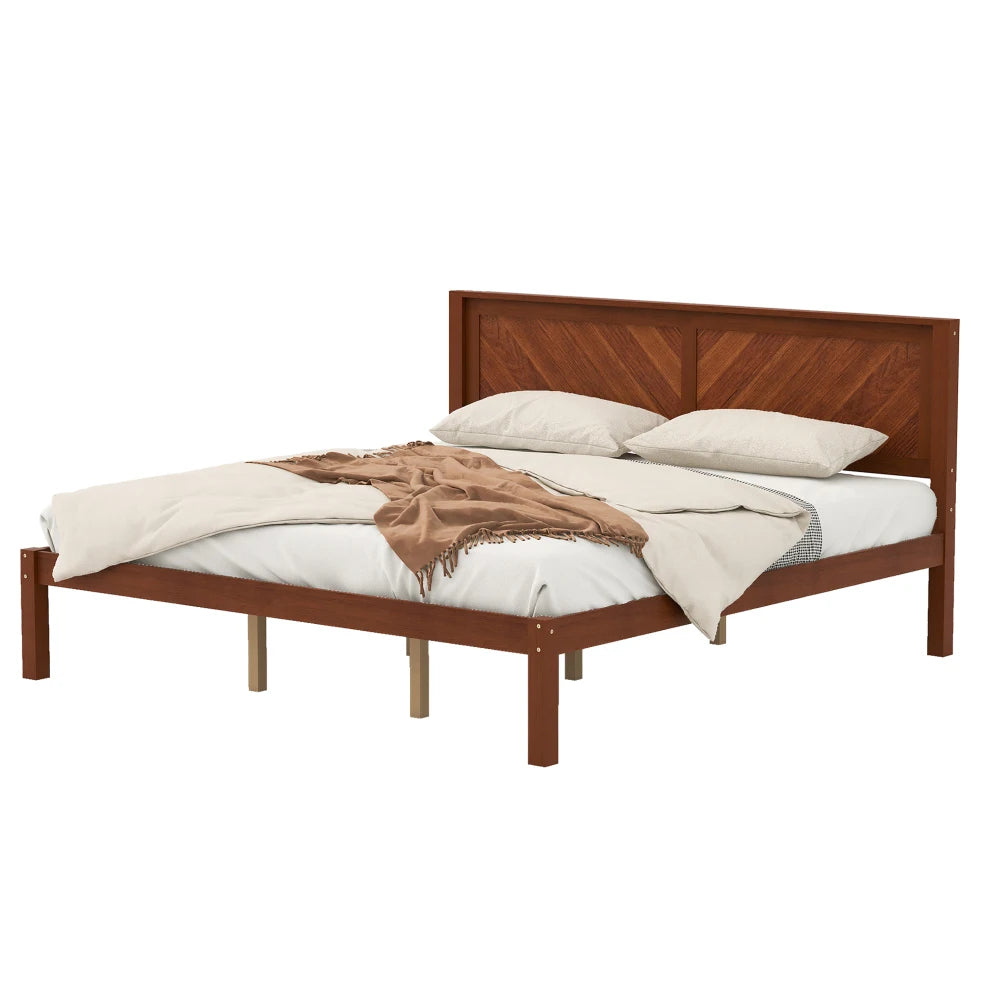 Solid Wood Platform Bed With Herringbone Headboard And Storage