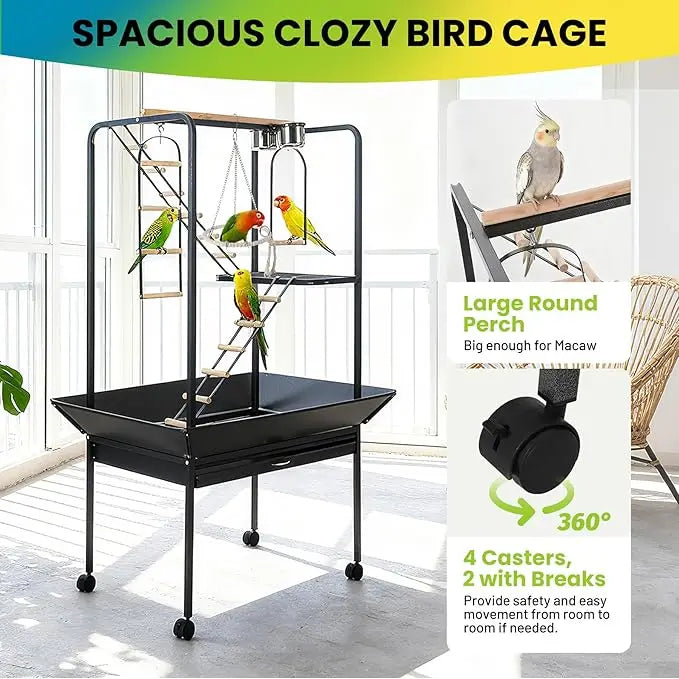 HiMISSCN Parrot Playstand With Wheels And Perches Ladders