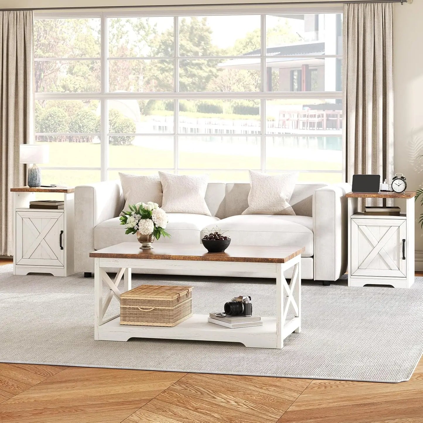 Farmhouse Living Room Table Set With Coffee Table Bundle