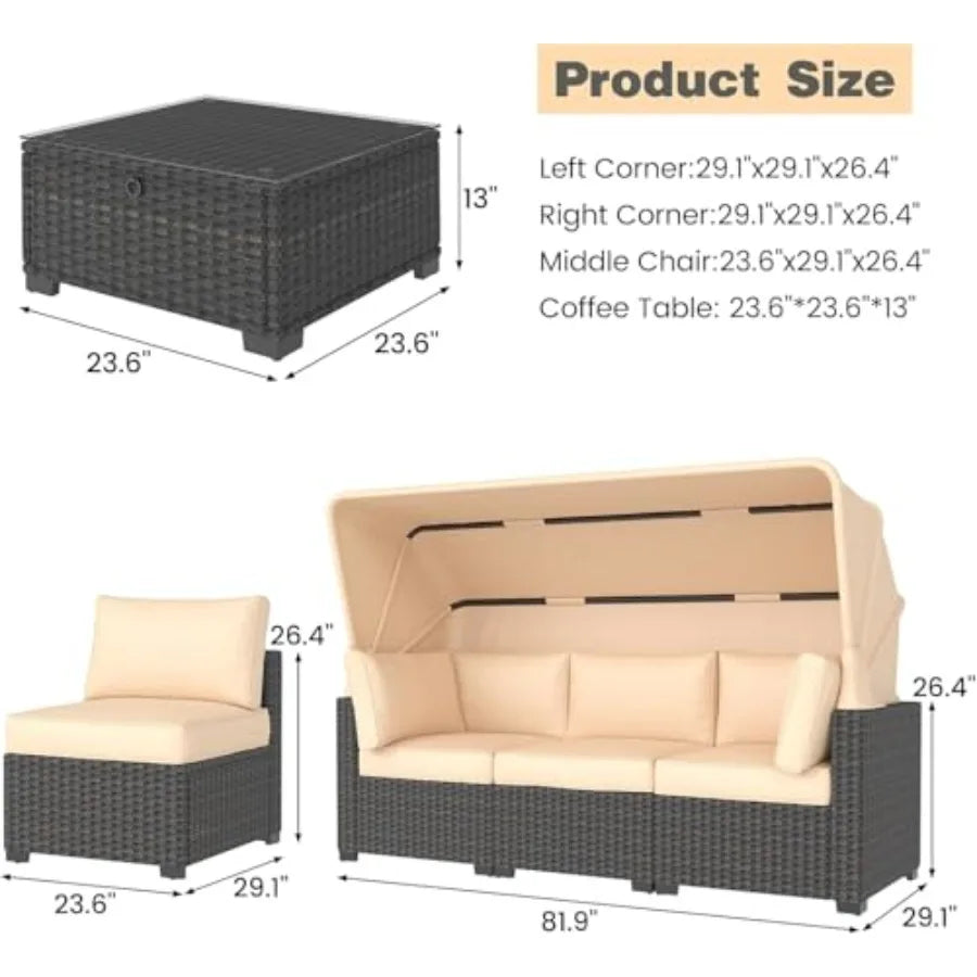 OLOEY Patio Furniture Set Wicker Sofa With Retractable Canopy And Storage Table