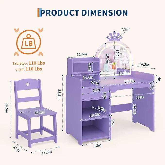 Kids Vanity With Lights Princess Makeup Desk Chair