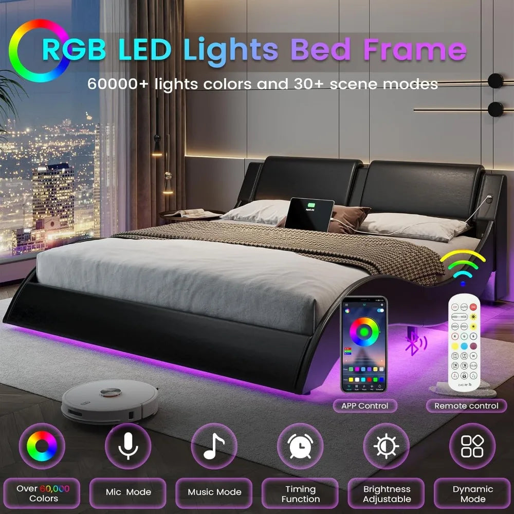 LZJV Modern Faux Leather Bed Frame Led Lights Ports