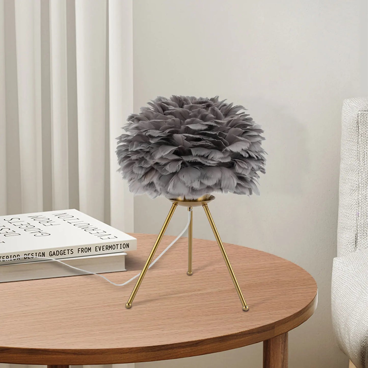 Grey Feather Tripod Desk Lamp For Study Living Room
