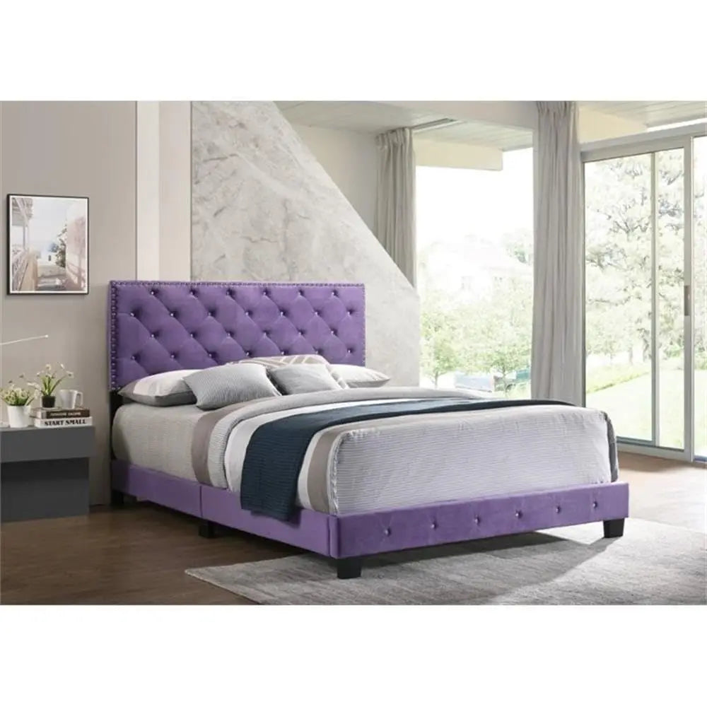 XMSJ Velvet Upholstered Bed With Tufted Headboard Modern Finish