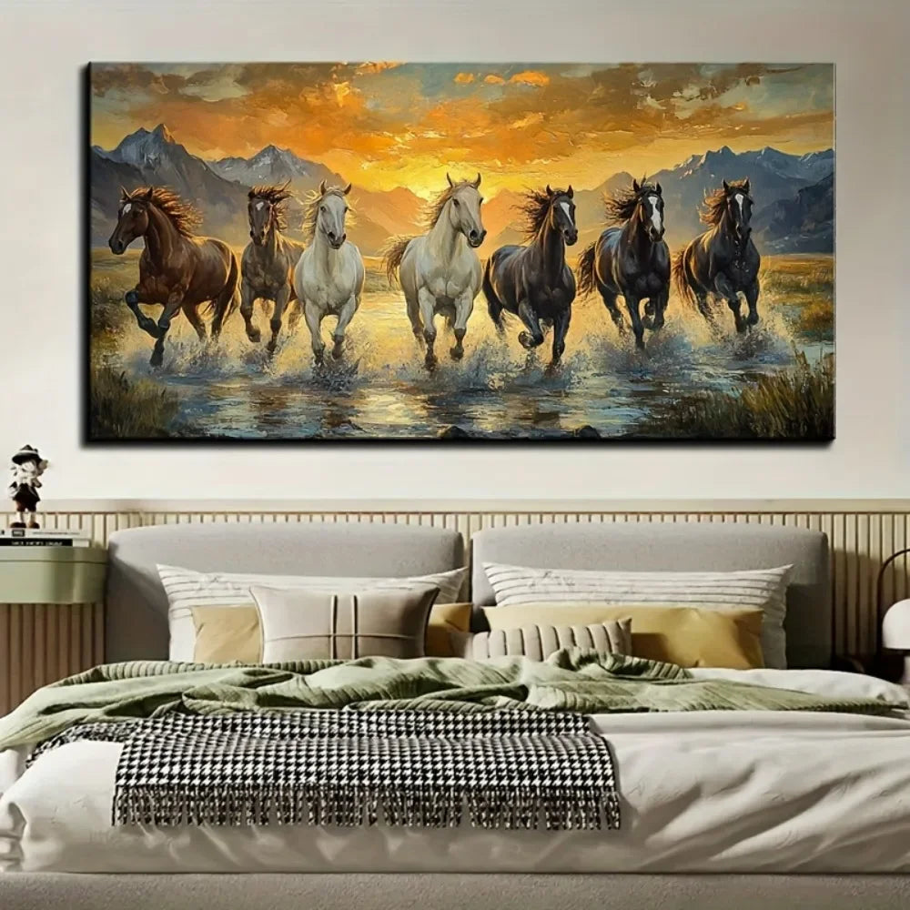 Elegant Feng Shui Seven Horse Canvas Wall Art Decor