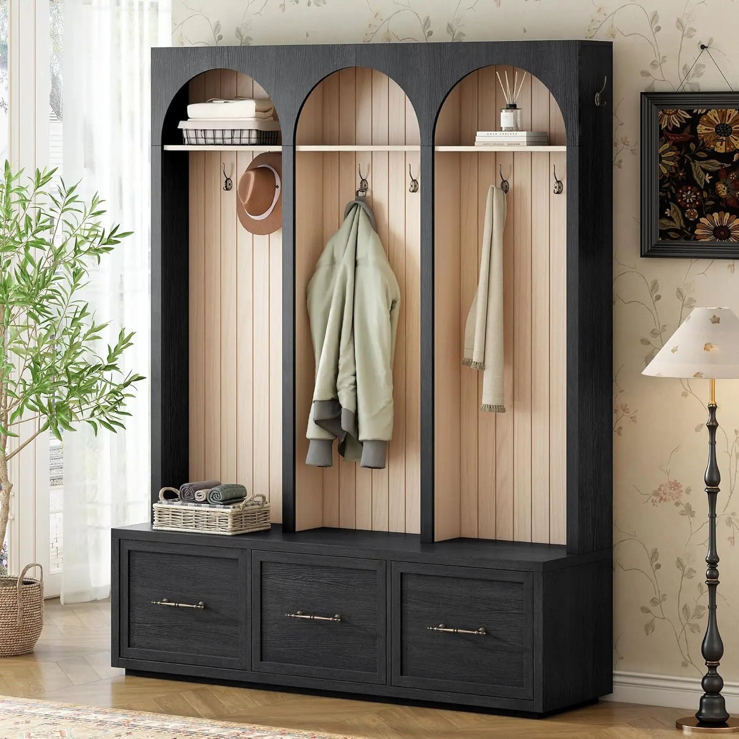 Wood Hall Tree With Eight Hooks Shoe Bench And Three Drawers Mudroom Organizer