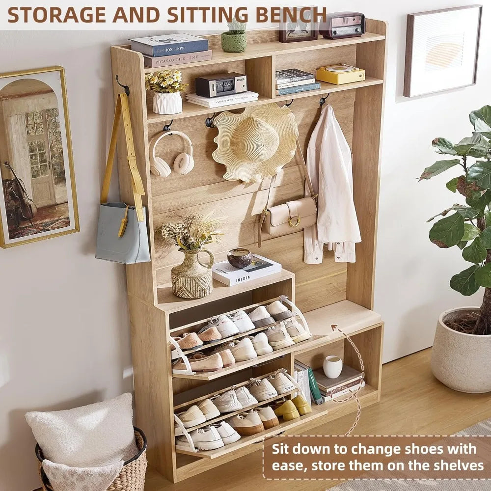 Boho Hall Tree With Bench And Shoe Storage Mudroom Oak Finish