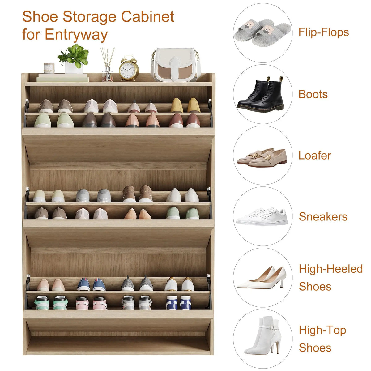 HiMISS Three Flip Drawer Shoe Cabinet With Adjustable Shelves