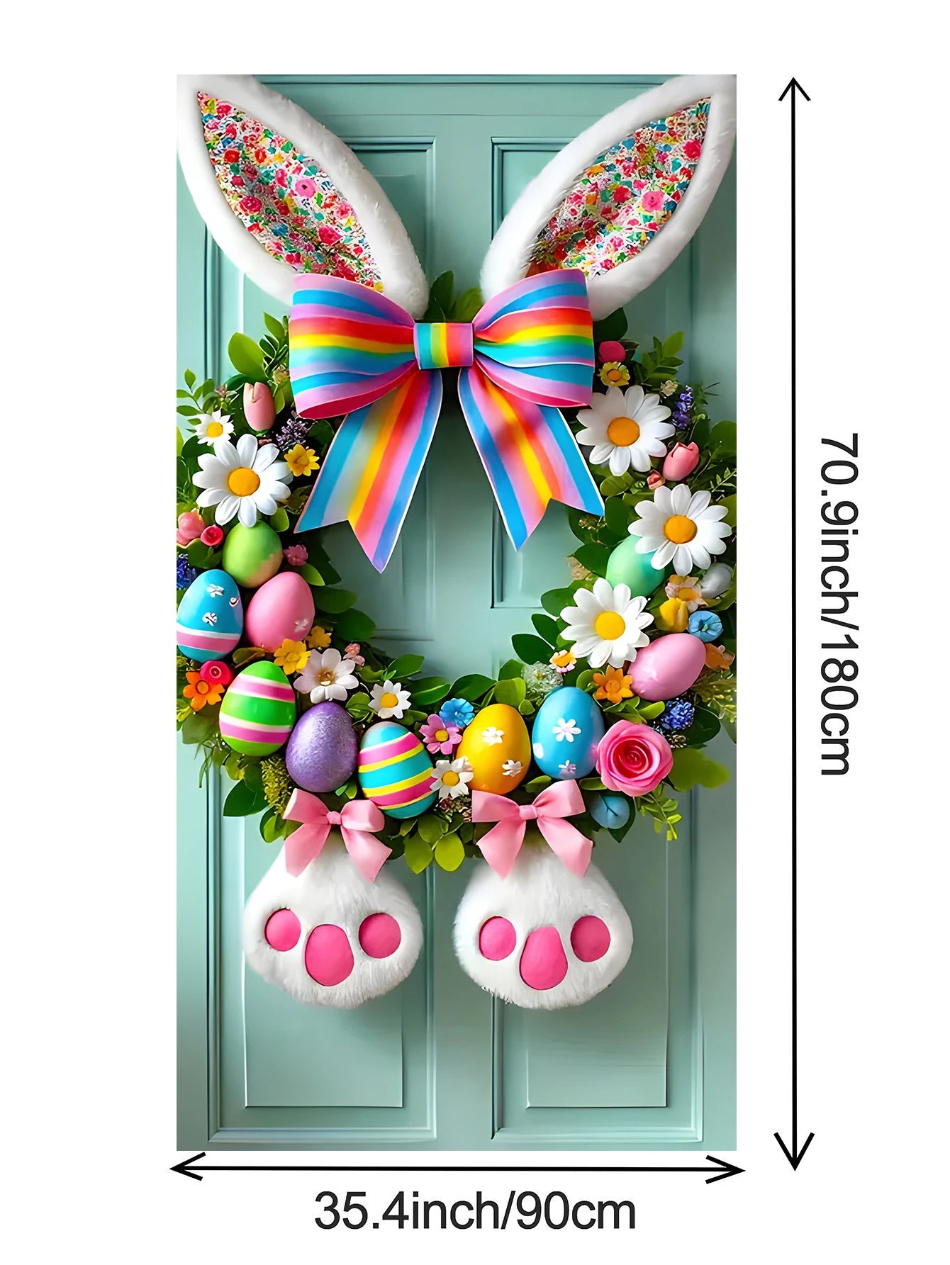 NONECN Easter Door Cover Plush Rabbit Wreath Banner