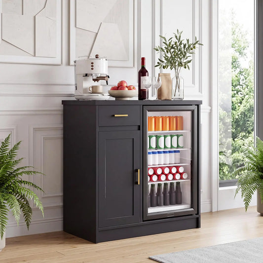 HiMISS Farmhouse Wine Bar Cabinet With USB Outlets Storage