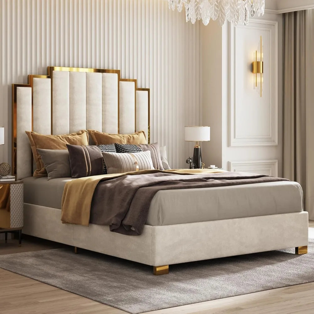 Ticify Upholstered Bed With Tall Headboard And Trim