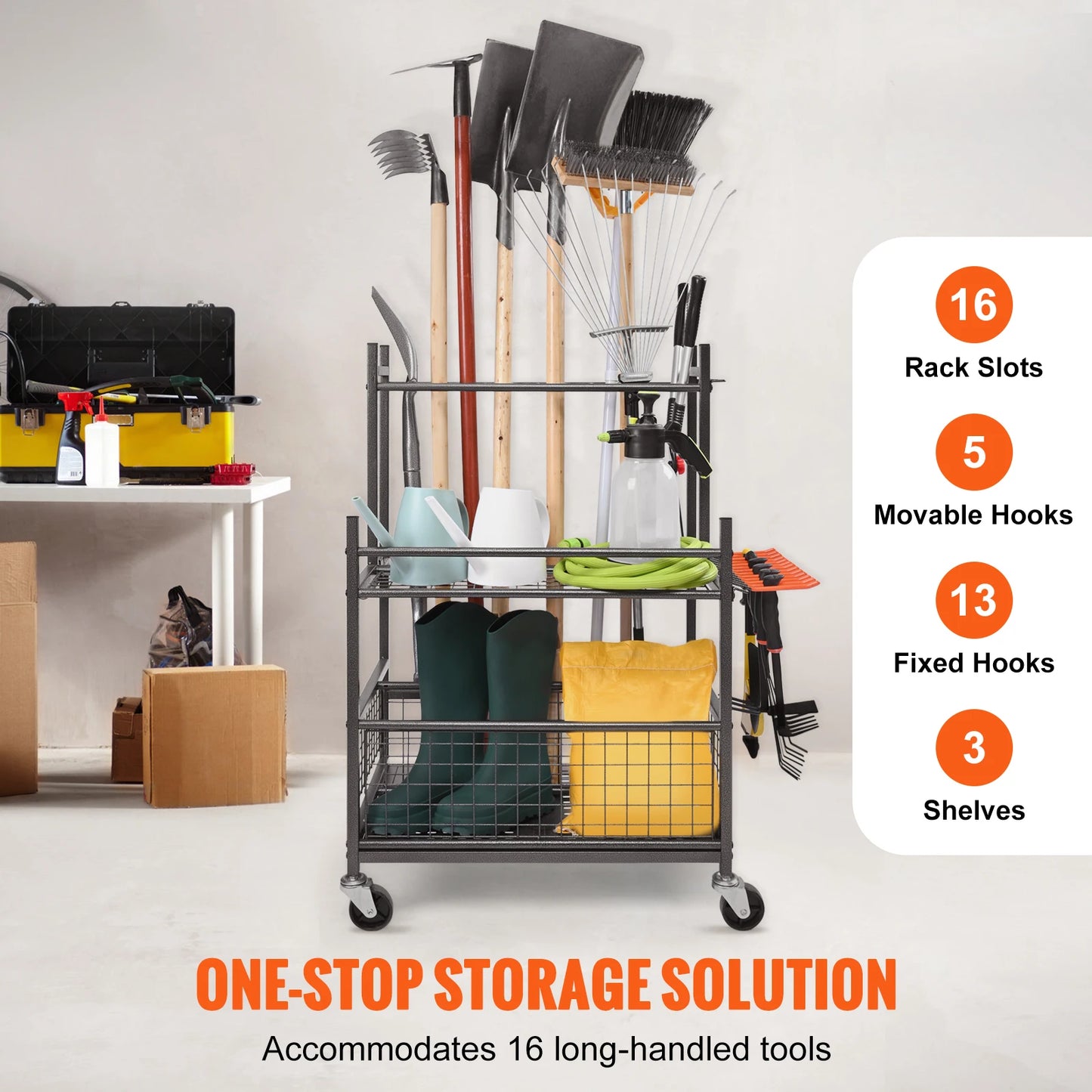 Garden Tool Organizer Tower Rack With Hooks And Wheels