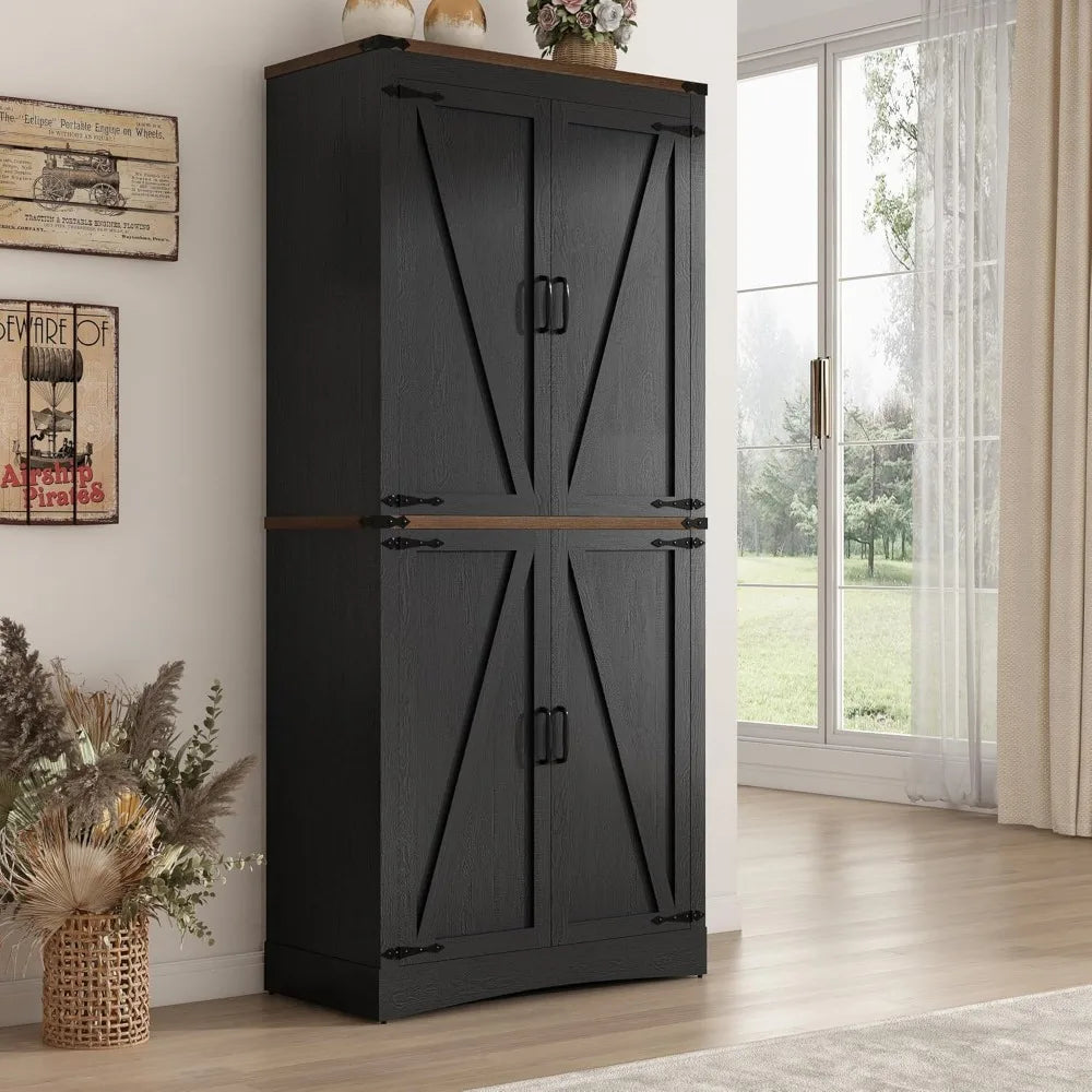 71 Inch Tall Farmhouse Pantry Cabinet with Adjustable Shelves and Steel Pipe