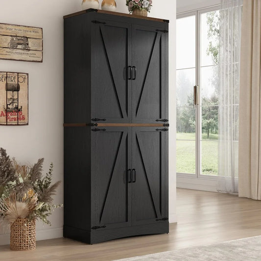 71 Inch Tall Farmhouse Pantry Cabinet with Adjustable Shelves and Steel Pipe