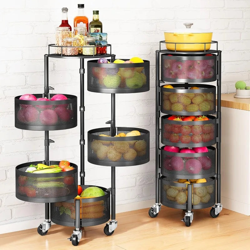 SNTD 5 Tier Rotating Storage Rack Cart with Metal Top Lid for Kitchen Organization