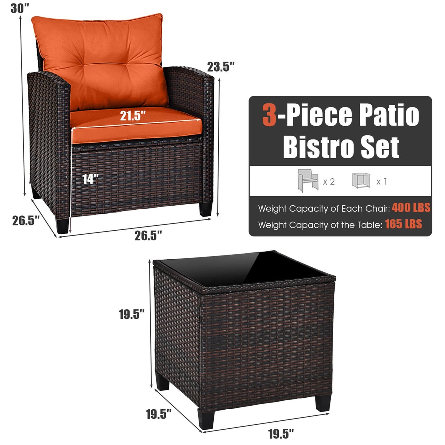 HOMASIS Patio Rattan 3Piece Cushioned Conversation Set