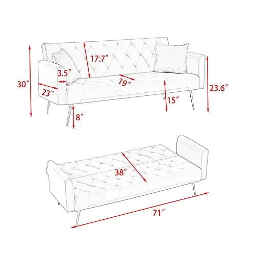 CN Velvet Tufted Convertible Sofa Bed With Metal Legs