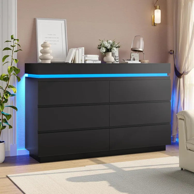 High-concerned Modern 6 Drawer Dresser With Sliding Desktop Charging Station LED Lights