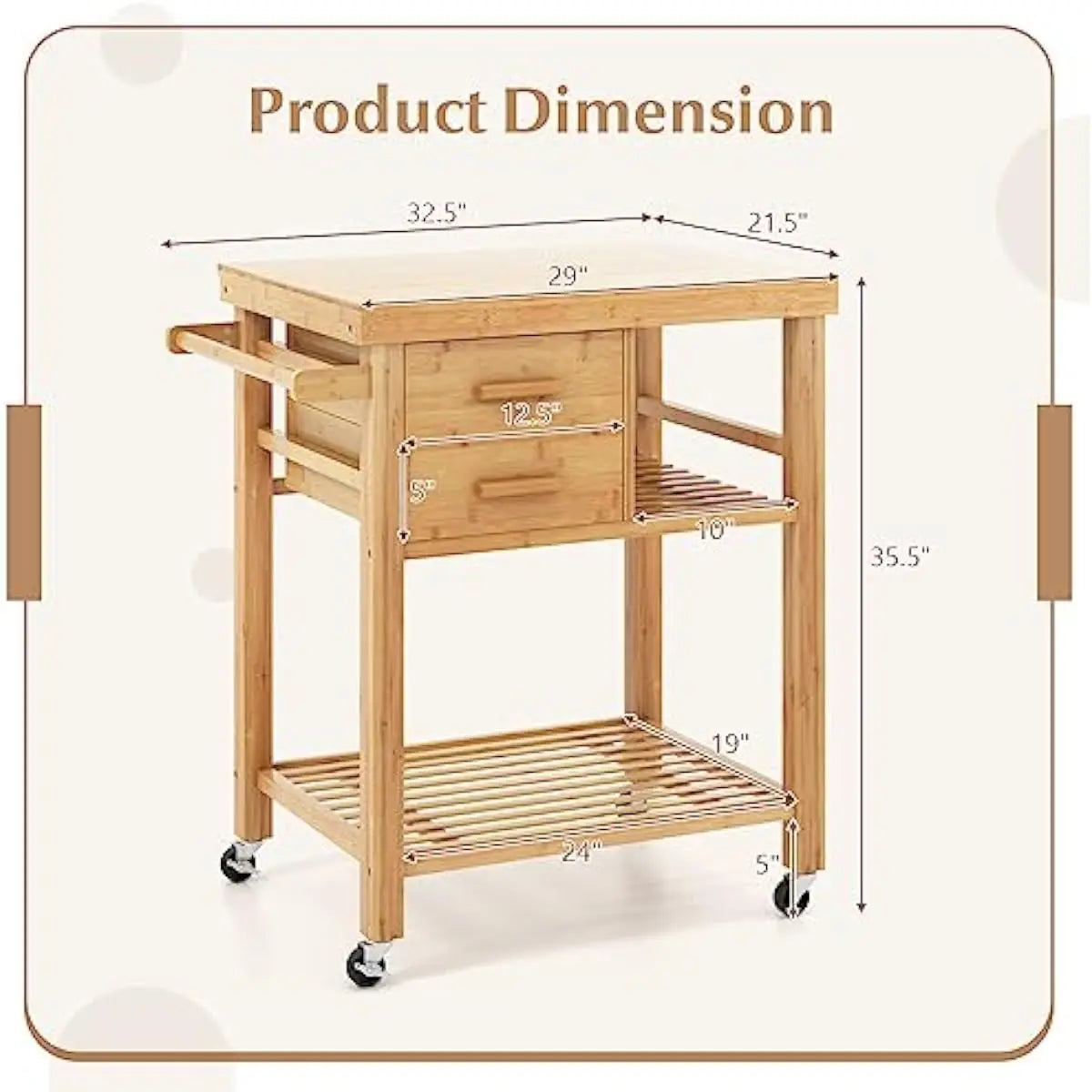 Bamboo Rolling Island Cart with Drawers and Braked Casters