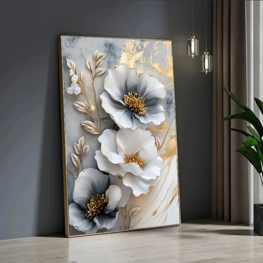 Modern Luxury Framed 3D Floral Canvas Mural for Bedroom and Living Room Decor
