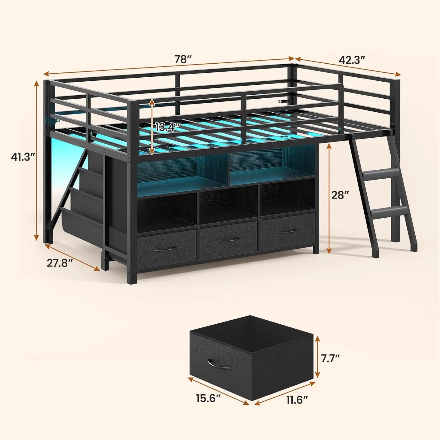 Low Loft Metal Bed 3 Drawers Bookshelf LED Guardrail