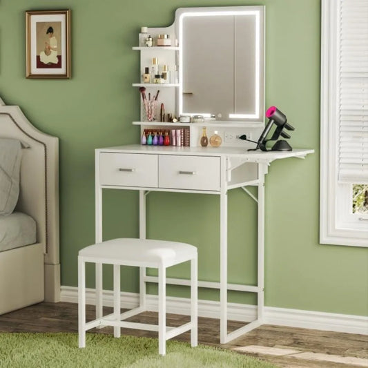 Makeup Vanity with Foldable Panel and Power Outlet