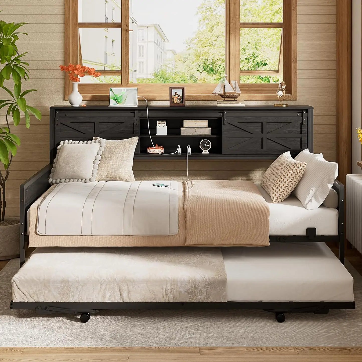 Folded Daybed With Pop Up Trundle And Bookcase Headboard