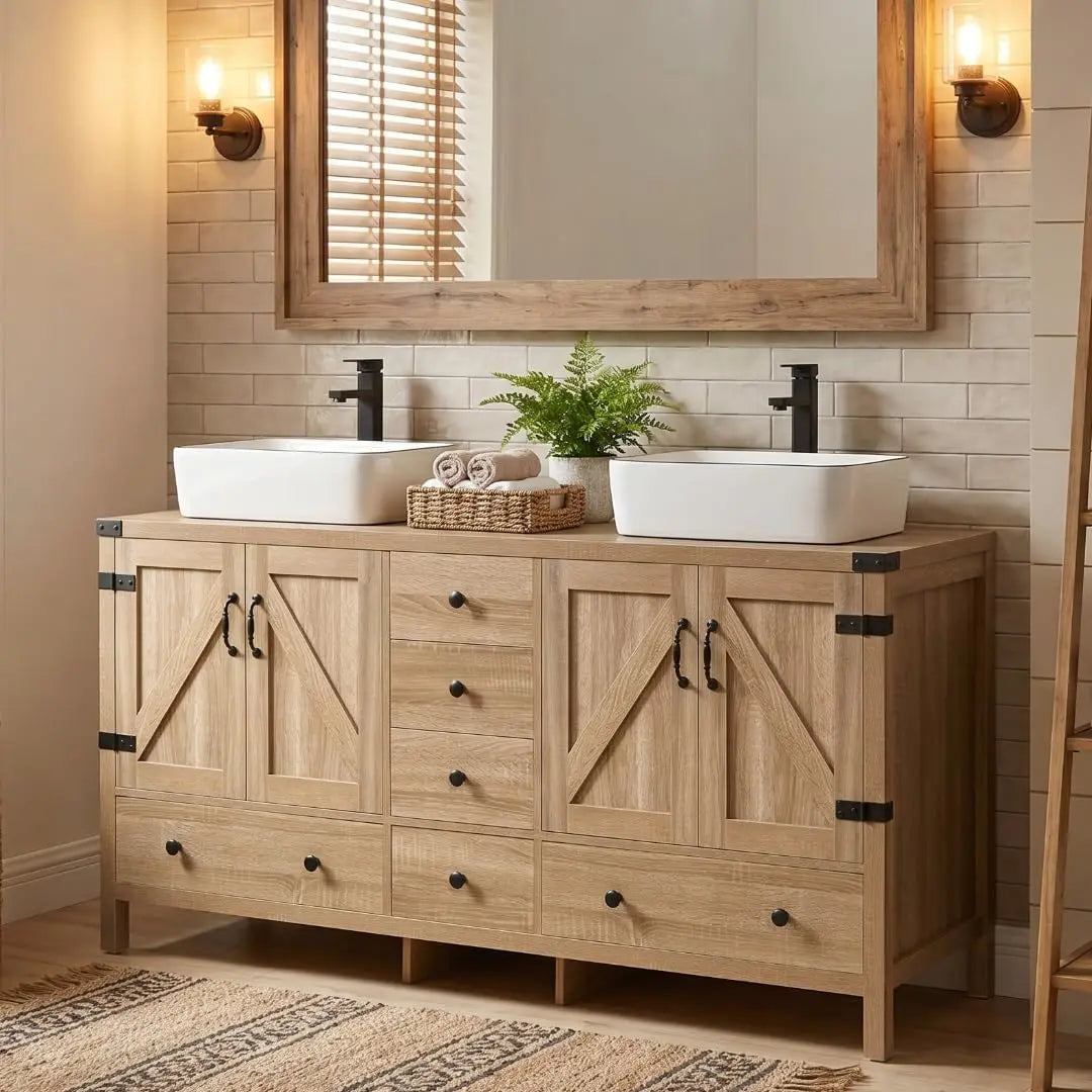 Rustic Bathroom Vanity With Two Vessel Sinks Stand