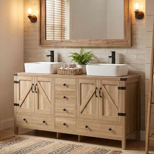 Rustic Bathroom Vanity With Two Vessel Sinks Stand