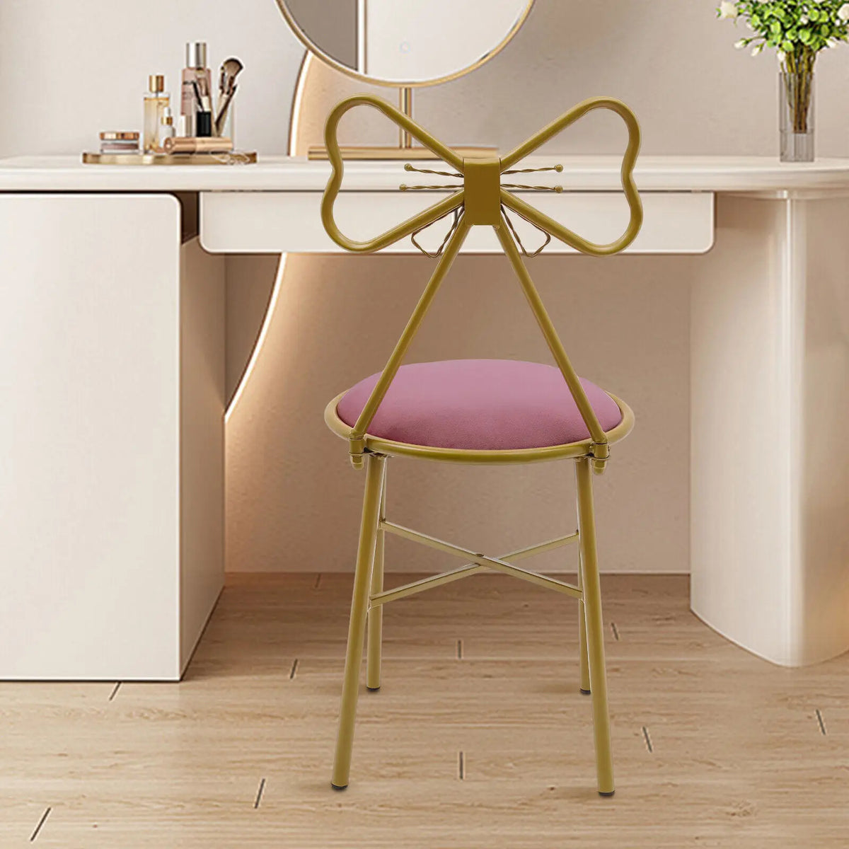 Princess Makeup Dressing Chair With Velvet Bow Backrest