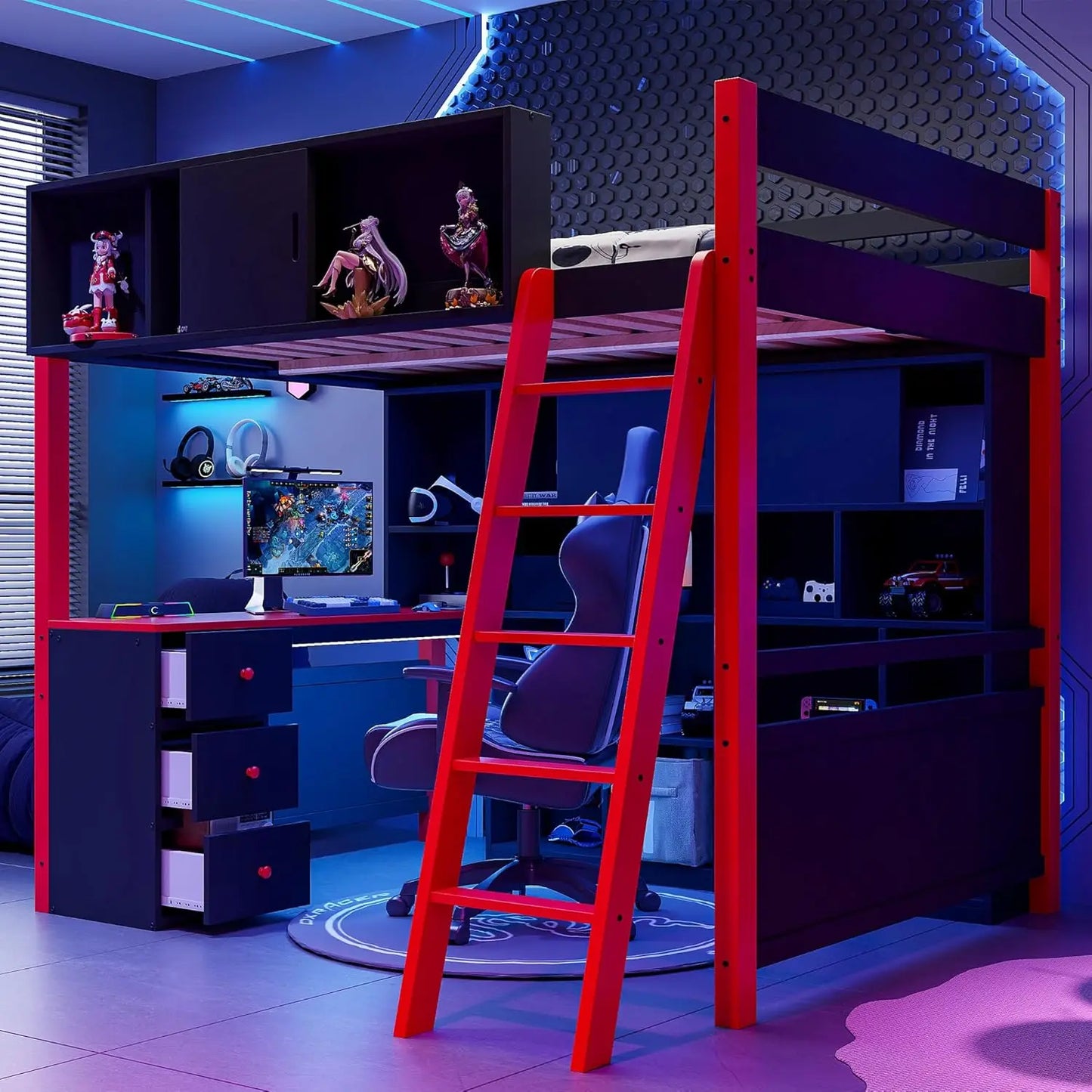 Wood Gaming Loft Bed With Desk Storage LED ChargingStation