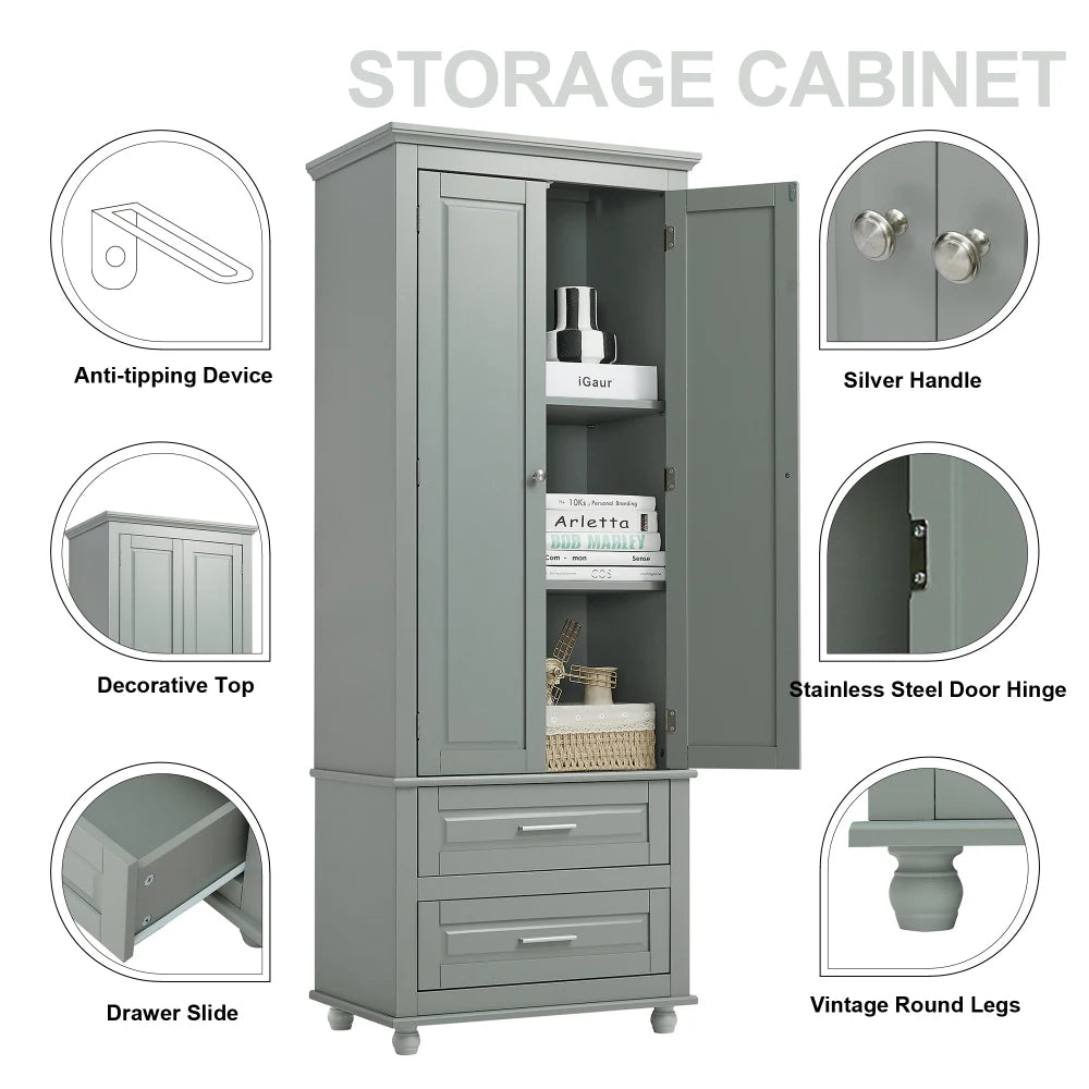 Grey Tall Storage Cabinet With Two Drawers