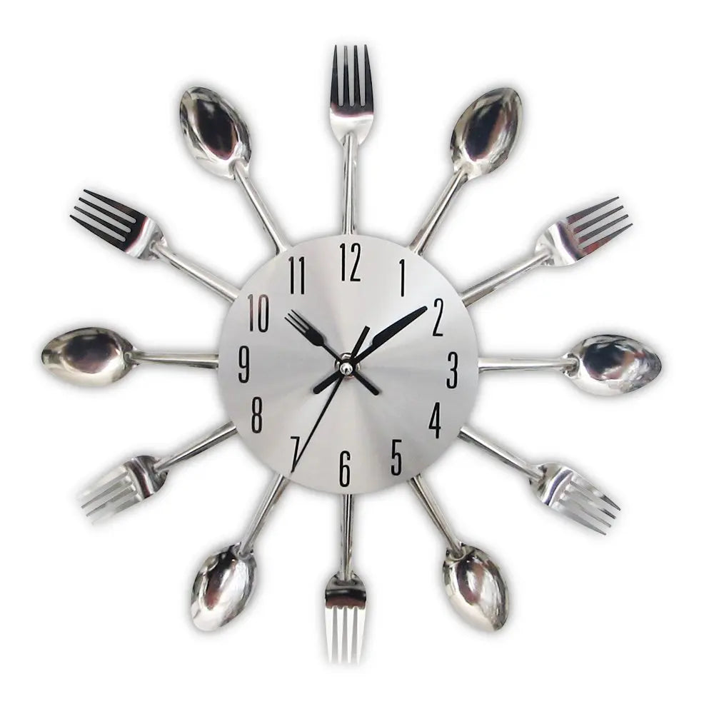 Modern Removable Kitchen Wall Clock Spoon Fork Mirror