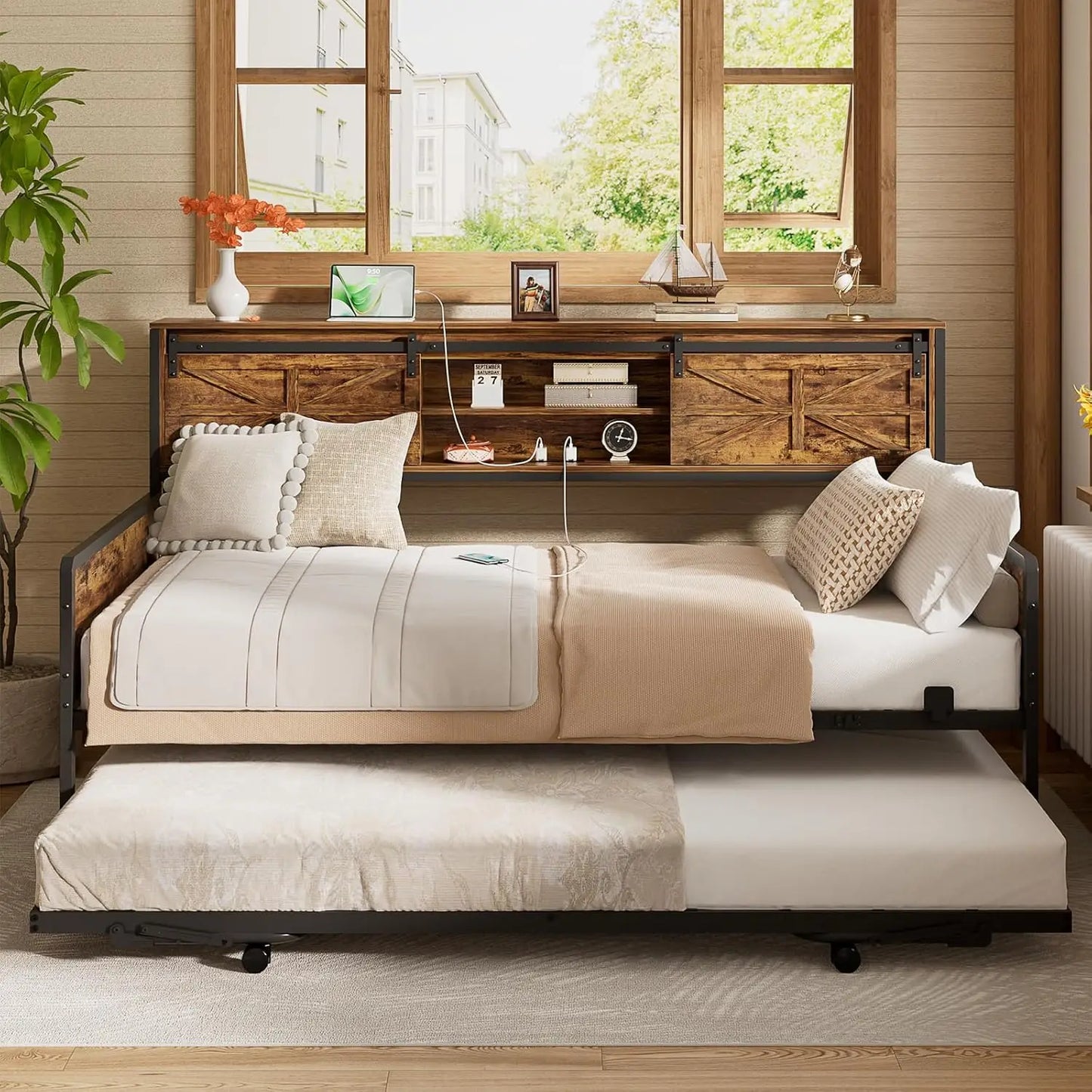 Folded Daybed With Pop Up Trundle And Bookcase Headboard