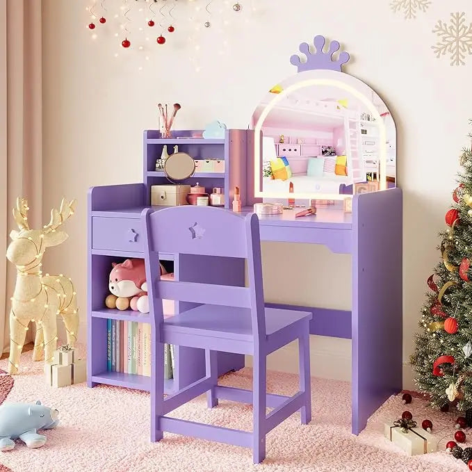 Kids Vanity With Lights Princess Makeup Desk Chair