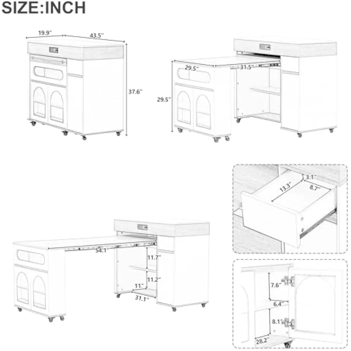 Rolling Extendable Kitchen Island Glass Door Cabinet With Drawers