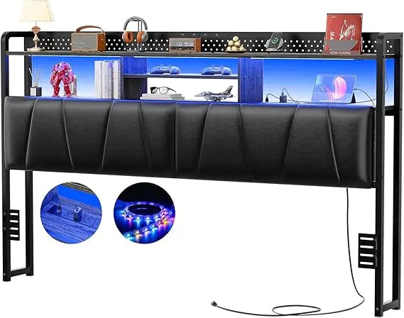 MKDK Bed Frame With Upholstered Headboard USB Outlets LED