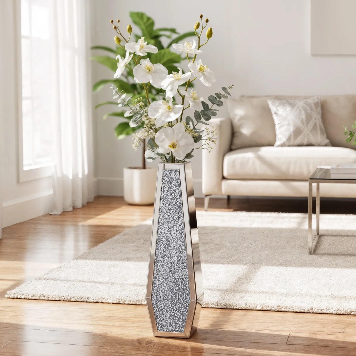 Mirrored Floor Vase Crushed Diamond Glass Decor Living Room