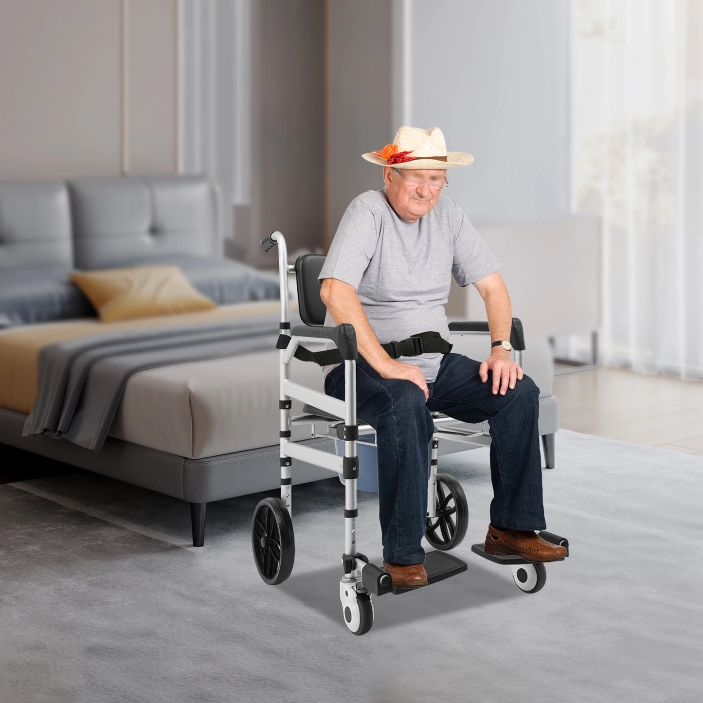 Foldable Rolling Shower Chair With Aluminum Height Adjustment Commode