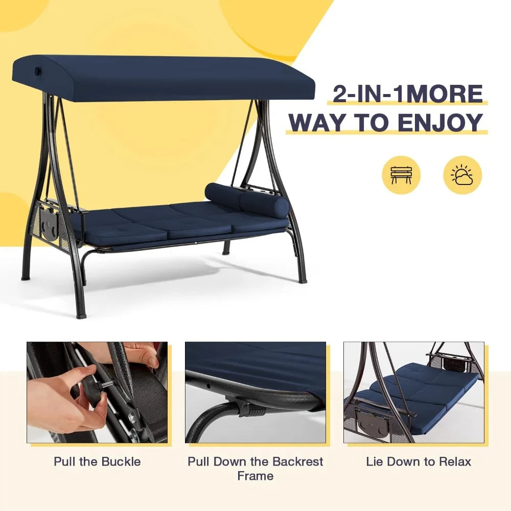 3 Person Outdoor Porch Swing Bed with Adjustable Canopy and Deep Cup Holder