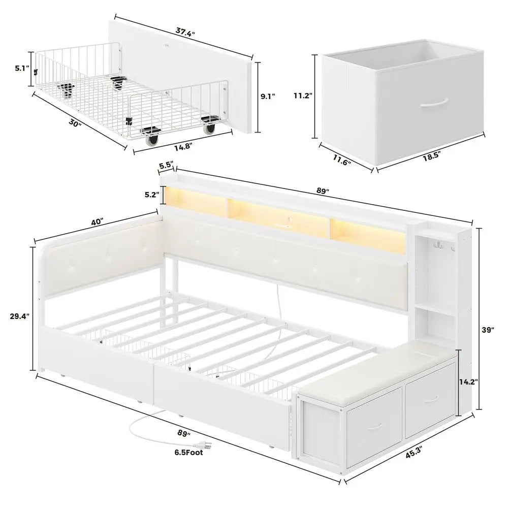 Corner Bed Frame With Storage Bench And Bookcase Headboard